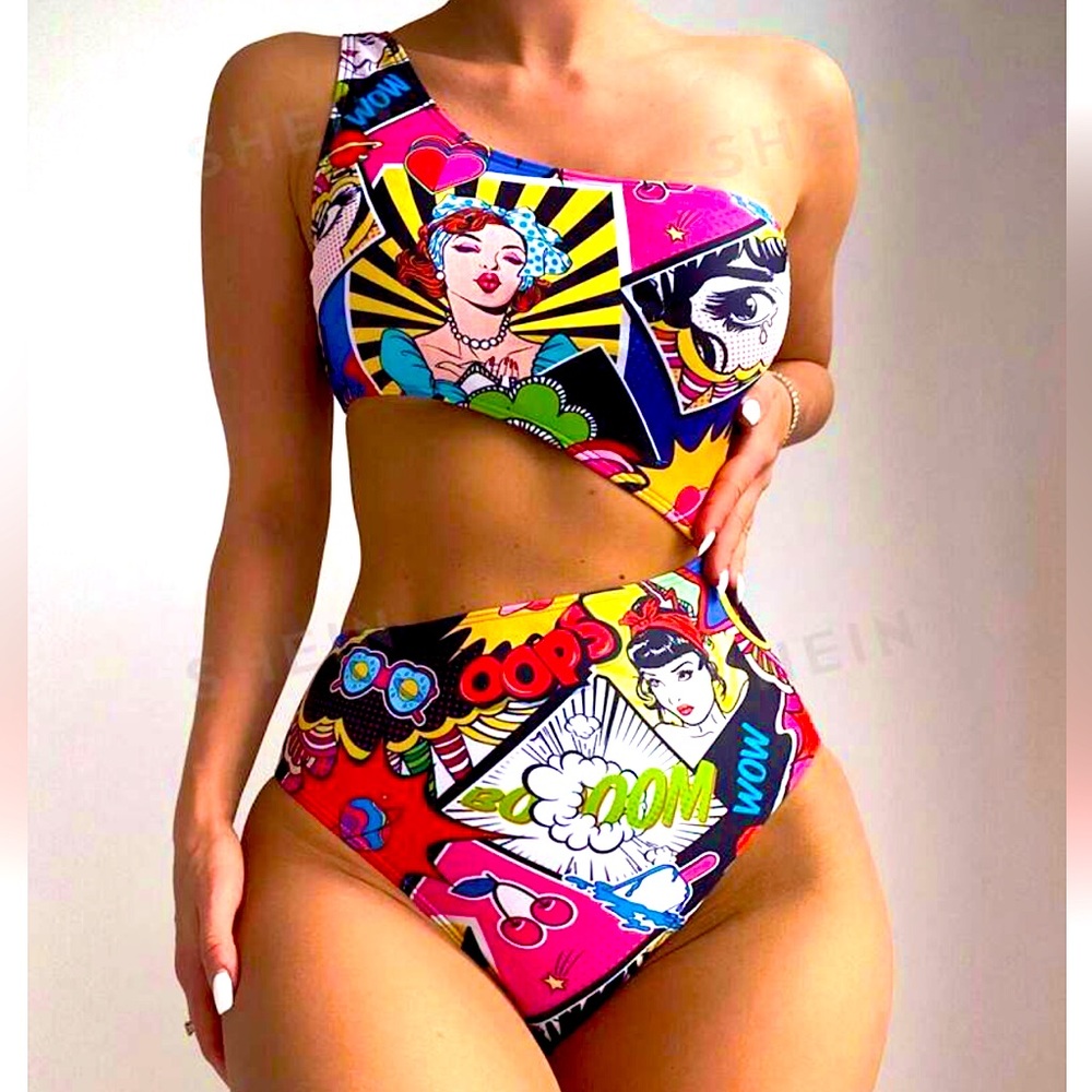 Sexy one shoulder cut out comic book one piece bathing suit